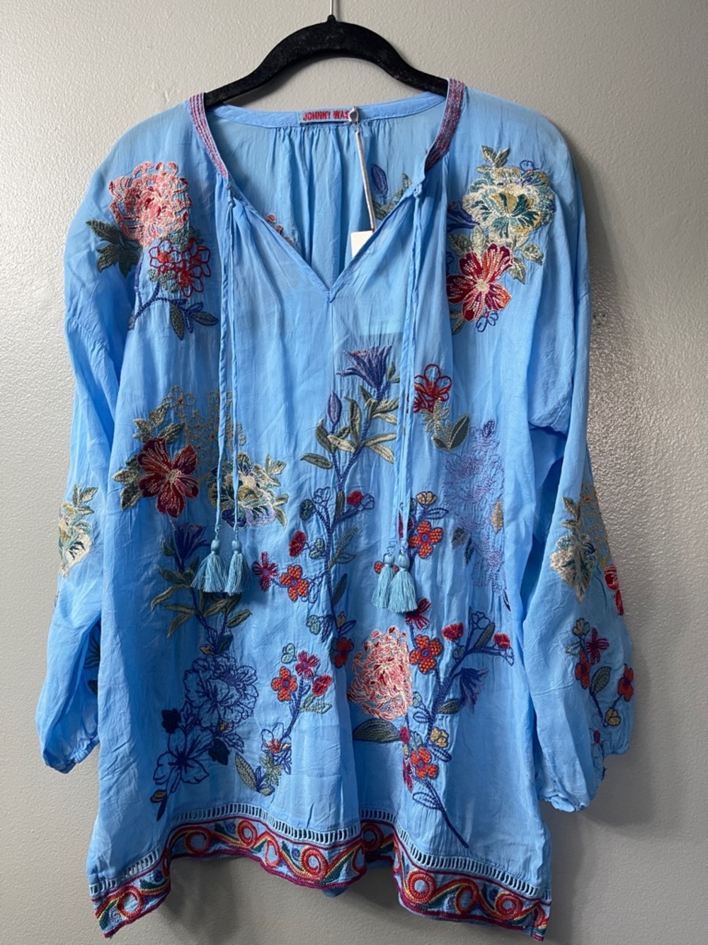 Johnny Was Zadonia Melisa Blouse, a blue embroidered floral top small NWT